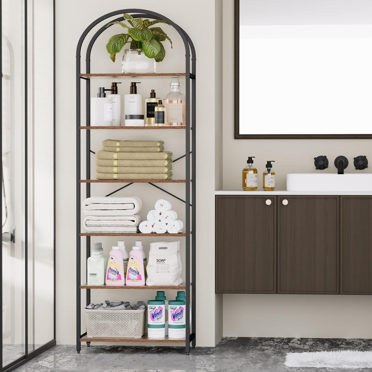 Homhedy 6-Tier Bookshelf Arched Display Racks, Wood and Metal Bookcase, Tall Bookshelf, Industrial Display Standing Shelf Unit, for Home Office, Living Room, Bedroom, Bathroom, Rustic Brown Homhedy