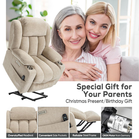 RHHVVR Power Lift Recliner Chair, 350lb Capacity with 8-Point Massage & Heating, USB/Type-C Ports & Cup Holders, Heavy Duty Chenille Recliner for Elderly, Beige RHHVVR