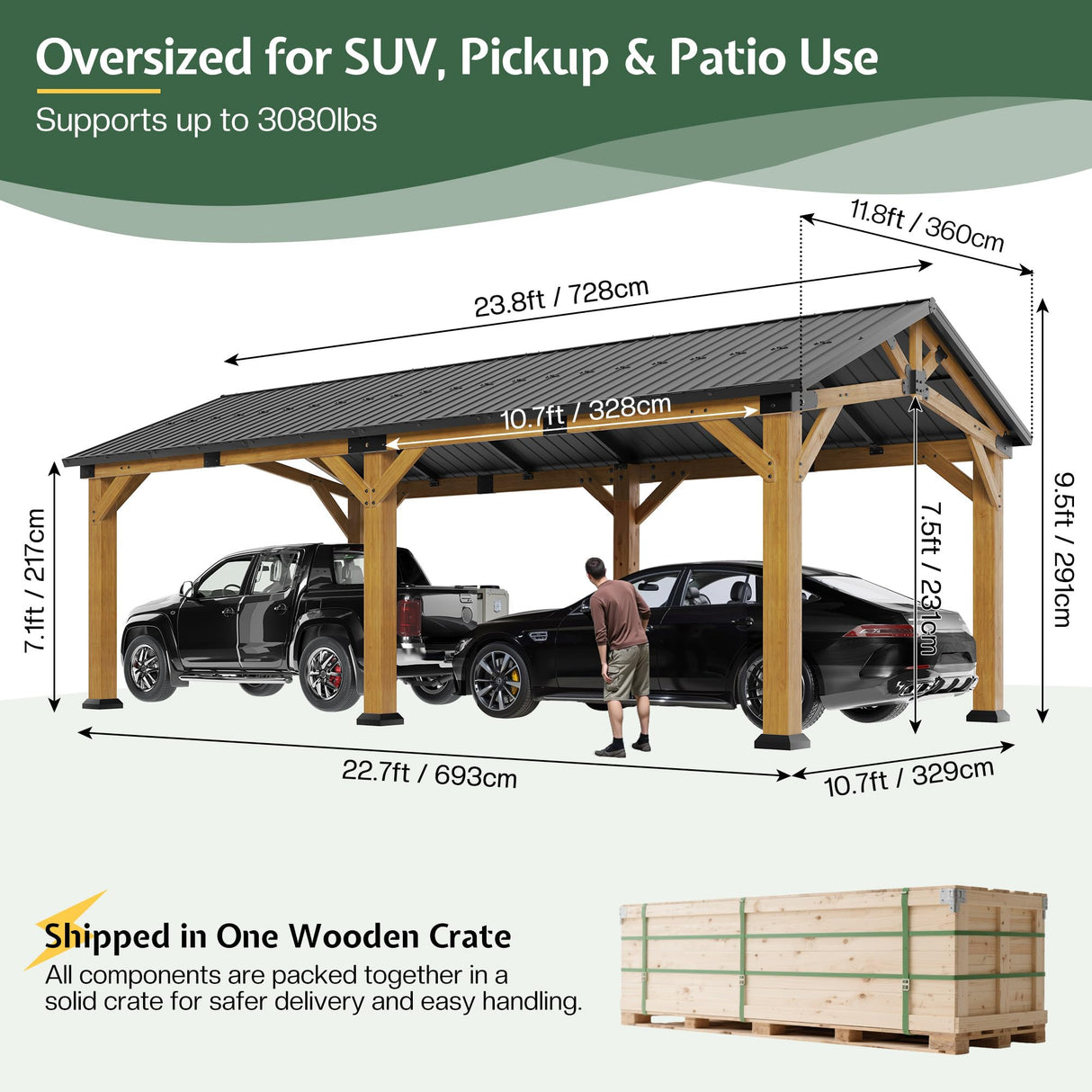 Jocisland 12x24x9.5 FT Cedar Wood Hardtop Carport with Steel Roof, Waterproof Outdoor Gazebo Pavilion, Heavy-Duty Snow & Wind Resistant Canopy for Patio, Driveway, Garden Jocisland