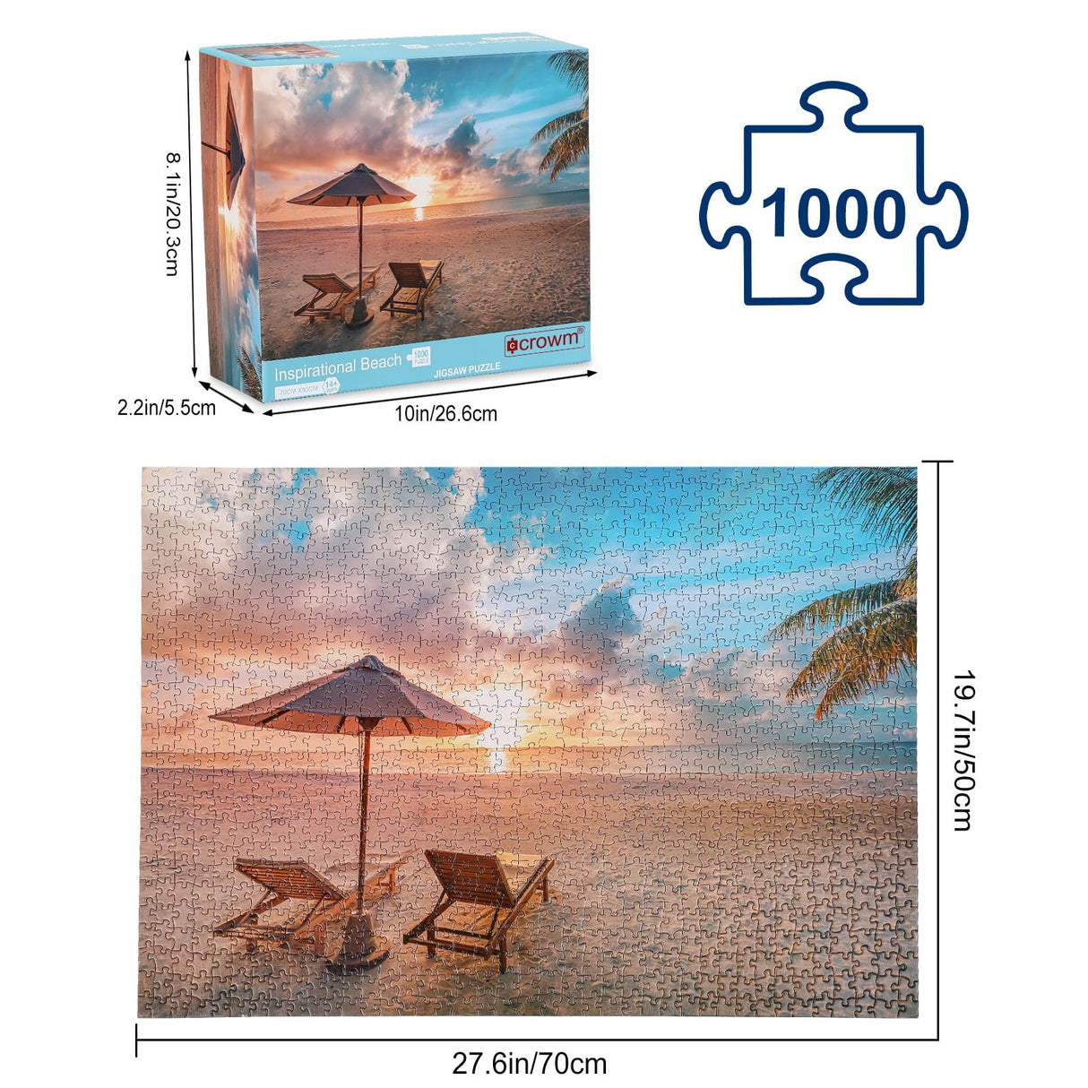 crowm 1000 Piece Puzzle for Adults, Hawaii Challenging Jigsaw Puzzles Families Beautiful Beach Scenes for Game Nights Large Puzzles Sunrise Sunset crowm