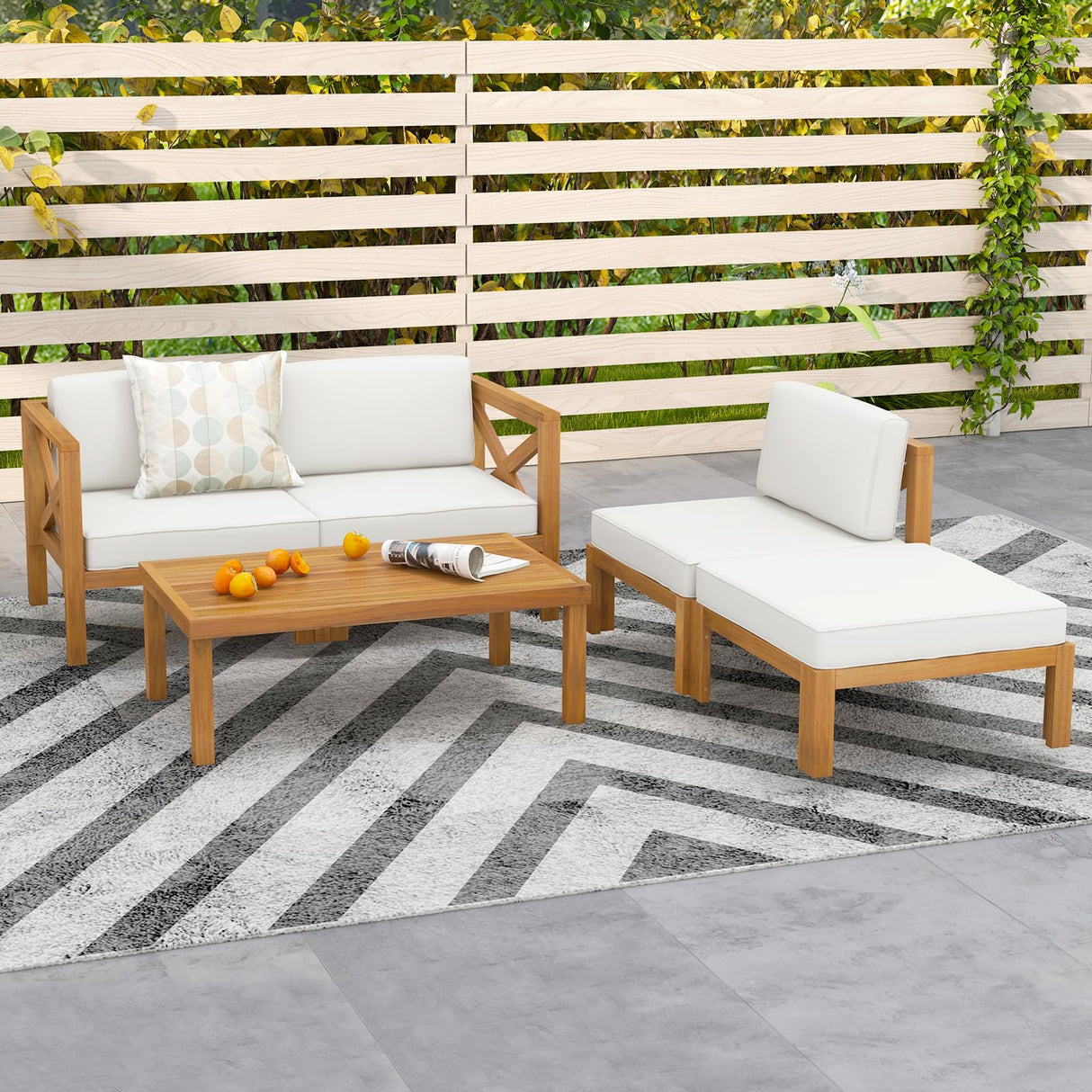 Tangkula 5 Piece Outdoor Conversation Furniture Set, Acacia Wood Sectional Sofa Set with 3 Chairs, 1 Ottoman & 1 Coffee Table, Patio Cushioned Sofa Set for Porch, Yard, Poolside (Off White) Tangkula