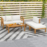 Tangkula 5 Piece Outdoor Conversation Furniture Set, Acacia Wood Sectional Sofa Set with 3 Chairs, 1 Ottoman & 1 Coffee Table, Patio Cushioned Sofa Set for Porch, Yard, Poolside (Off White) Tangkula