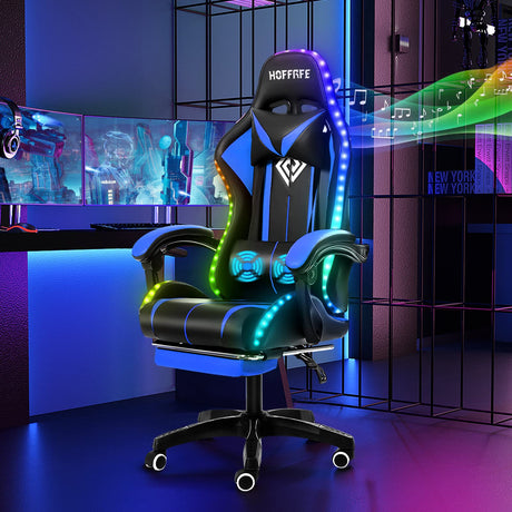 HOFFREE RGB Gaming Chair with Speakers Massage Computer Gaming Chair with LED Lights and Footrest High Back Video Game Chair for Adults Blue and Black HOFFREE