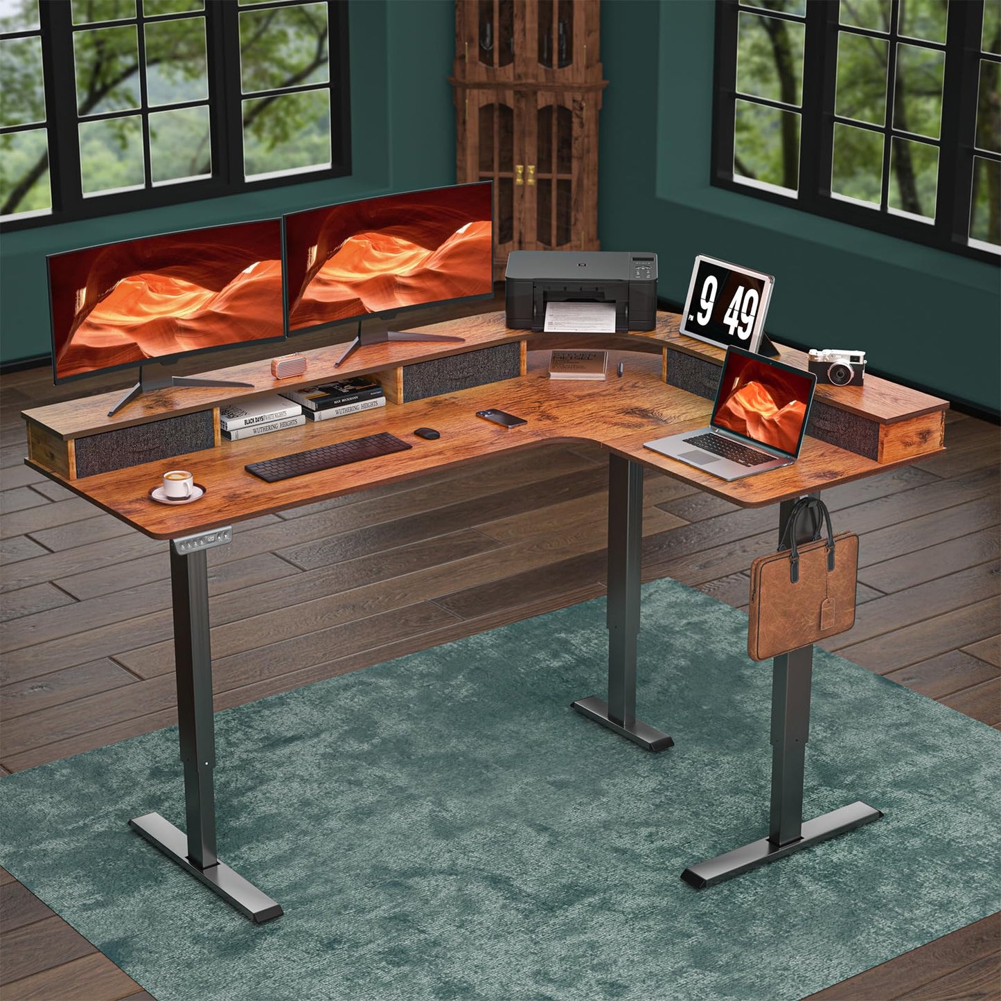 REGISDESK L Shape Standing Desk, 67 * 48 Inches Adjustable Height Standing Desk with 4 Drawers, Corner Electric Standing Desk with Monitor Stand for