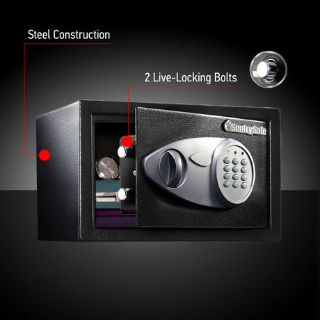 SentrySafe Safe with Digital Keypad Lock, DOJ-Certified Steel Safe with Interior Lining and Bolt Down Kit for Money, Jewelry, Electronics, 0.58 Cubic Feet, 8.7 x 13.8 x 9.7 Inches, X055 SentrySafe