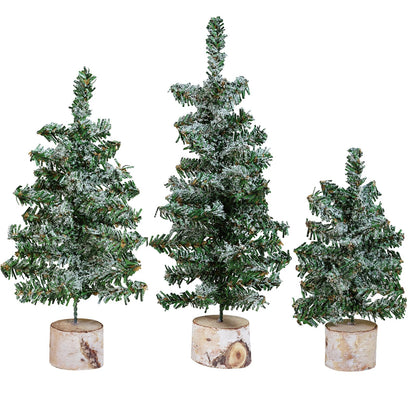 Winlyn Set of 3 Mini Snowy Artificial Canadian Pine Trees with Wood Bases Small Tabletop Christmas Trees for Rustic Farmhouse Christmas Winter Holiday Seasonal Table Centerpiece Desk Decoration