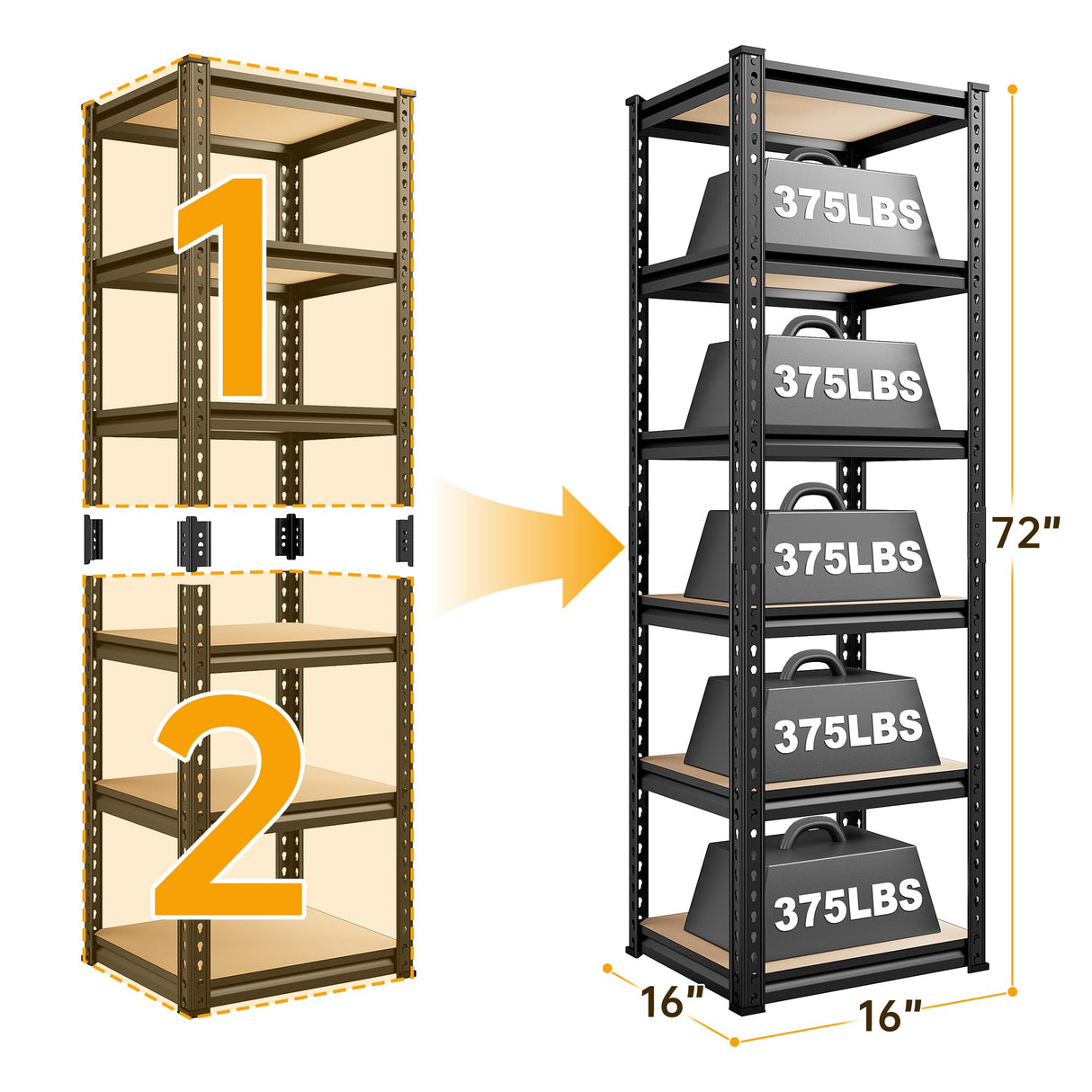 REIBII Storage Shelves 6 Tier Garage Shelving Heavy Duty Metal Shelving Loads 2250LBS Adjustable Metal Shelves for Garage Pantry Closet Kitchen Basement 16" W x 16" D x 72" H REIBII