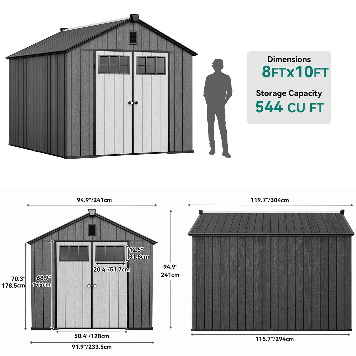 YITAHOME 8x10 FT Outdoor Storage Shed with Floor, Plastic Garden Shed for Bikes, Tools, and Pool Supplies, Outdoor Resin Shed with Lockable Doors, Windows, and Vents for Patio, Lawn, Backyard, Black YITAHOME