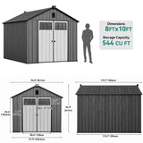YITAHOME 8x10 FT Outdoor Storage Shed with Floor, Plastic Garden Shed for Bikes, Tools, and Pool Supplies, Outdoor Resin Shed with Lockable Doors, Windows, and Vents for Patio, Lawn, Backyard, Black YITAHOME