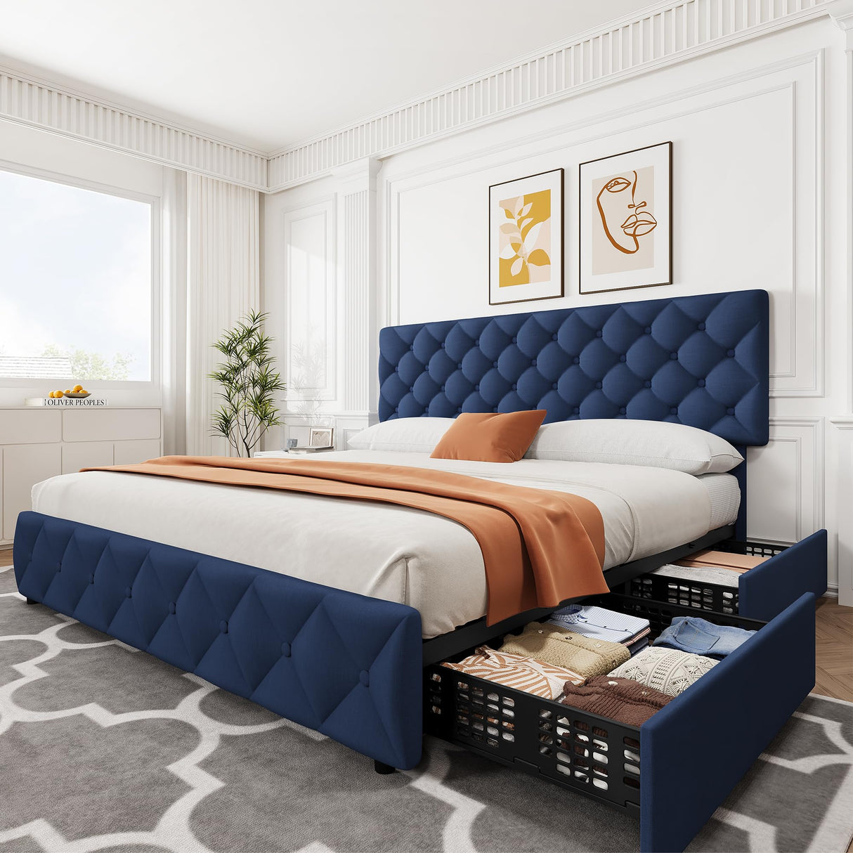 IDEALHOUSE King Size Bed Frame with 4 Storage Drawers and Adjustable Headboard, Linen Upholstered Platform Beds, Diamond Stitched Button Tufted, No Box Spring Needed, Blue IDEALHOUSE