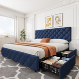 IDEALHOUSE King Size Bed Frame with 4 Storage Drawers and Adjustable Headboard, Linen Upholstered Platform Beds, Diamond Stitched Button Tufted, No Box Spring Needed, Blue IDEALHOUSE