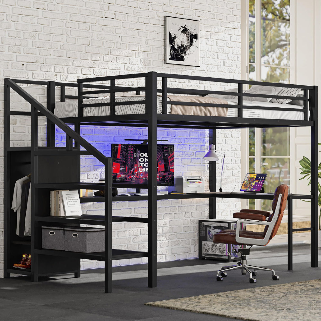 Bellemave Queen Loft Bed with Desk & Wardrobe, Heavy Duty Metal Loft Beds with Storage Stairs, LED Loft Bed Queen Size with Charging Station & Safety Guardrails, No Box Spring Needed, Black Bellemave
