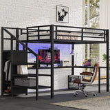 Bellemave Queen Loft Bed with Desk & Wardrobe, Heavy Duty Metal Loft Beds with Storage Stairs, LED Loft Bed Queen Size with Charging Station & Safety Guardrails, No Box Spring Needed, Black Bellemave