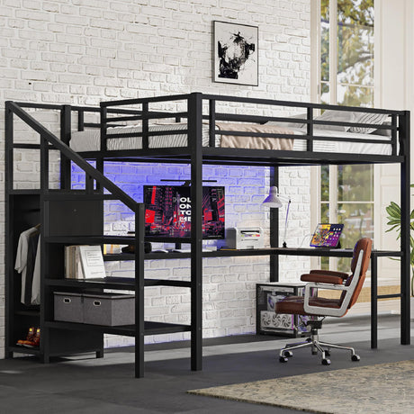 Bellemave Queen Loft Bed with Desk & Wardrobe, Heavy Duty Metal Loft Beds with Storage Stairs, LED Loft Bed Queen Size with Charging Station & Safety Guardrails, No Box Spring Needed, Black Bellemave