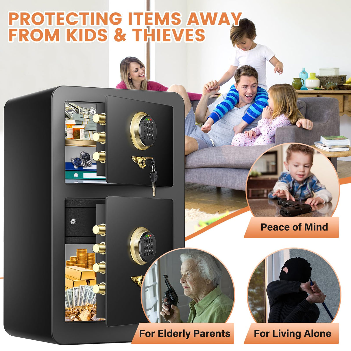 [2025 Upgraded] 8.1 Cu ft Extra Large Home Safe Fireproof Waterproof with [DOUBLE SAFES], Heavy Duty Fireproof Safe Box with [Hidden Lock Box], Fireproof Safe for Home Documents Business Office USE GHJGAGE