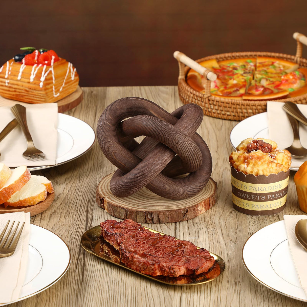 Yalikop 3 Link Wood Knot Decor - Hand Carved Coffee Table Decoration, Boho Chain Link Decor, Modern Shelf, Rustic Objects for Home Living Room Bedroom(Black Walnut) Yalikop