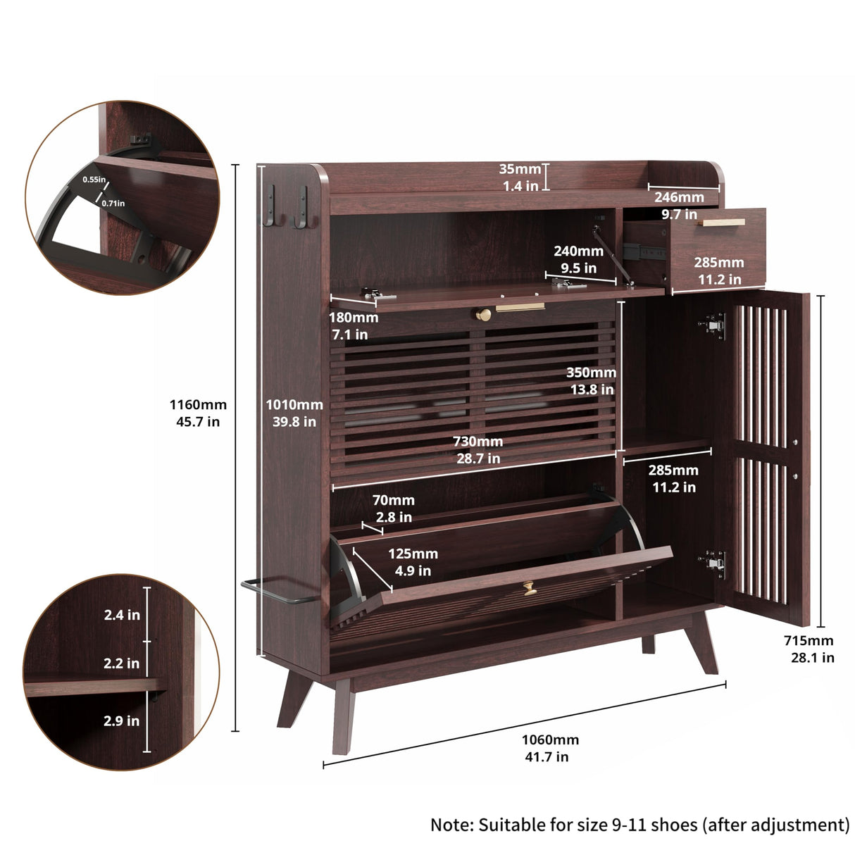 IRONCK Shoe Cabinet, Mid Century Shoe Storage with 2 Flip Drawers & Grille Doors Design, Shoe Rack Cabinet with Hooks and Side Cabinet, Shoe Organizer for Entryway, Natural Red Walnut IRONCK