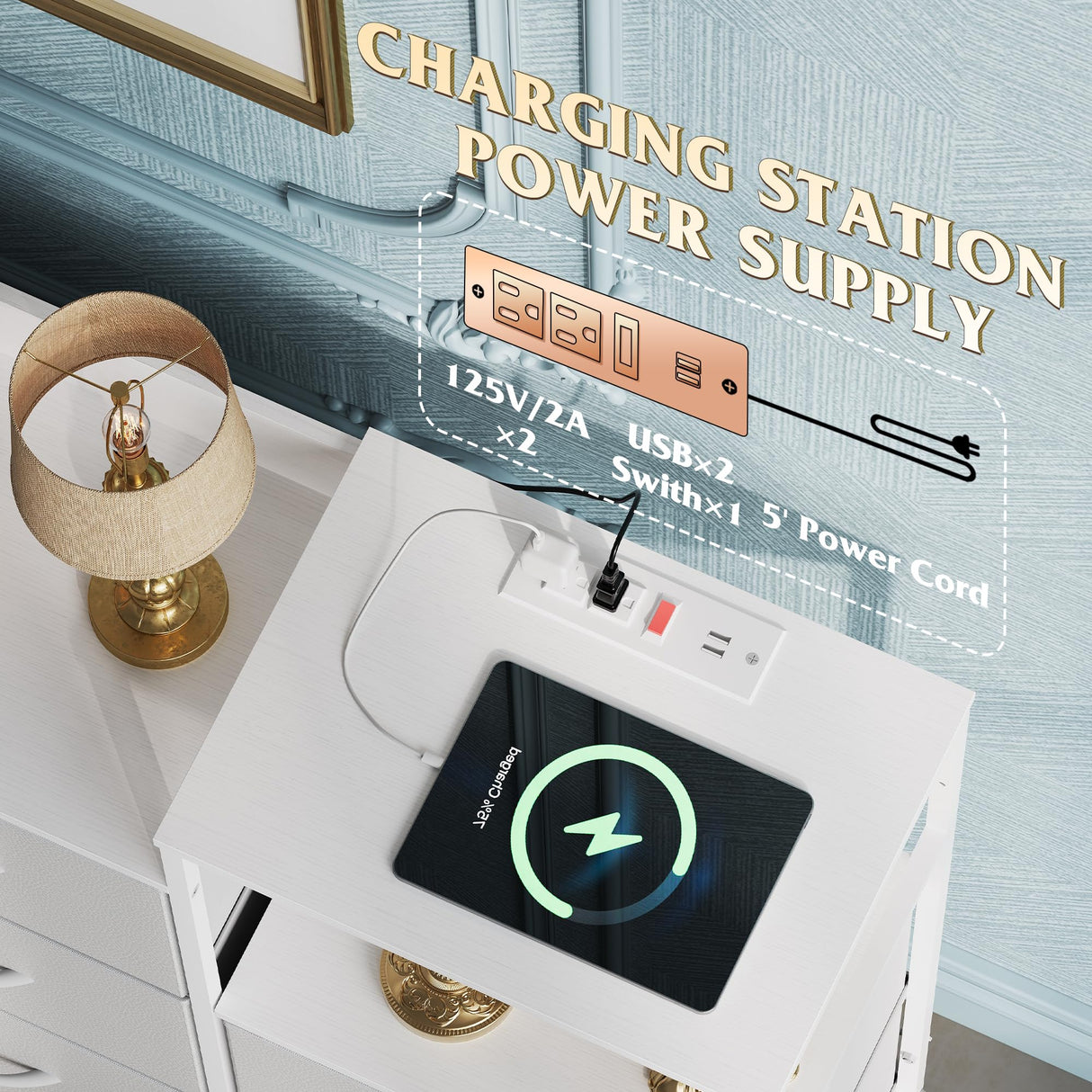 WLIVE White Dresser TV Stand for Bedroom with Charging Station and Open Shelves, Fabric Dresser with 8 Drawers and Wood Top, Wide Storage Chest of Drawers for Living Room, Hallway WLIVE