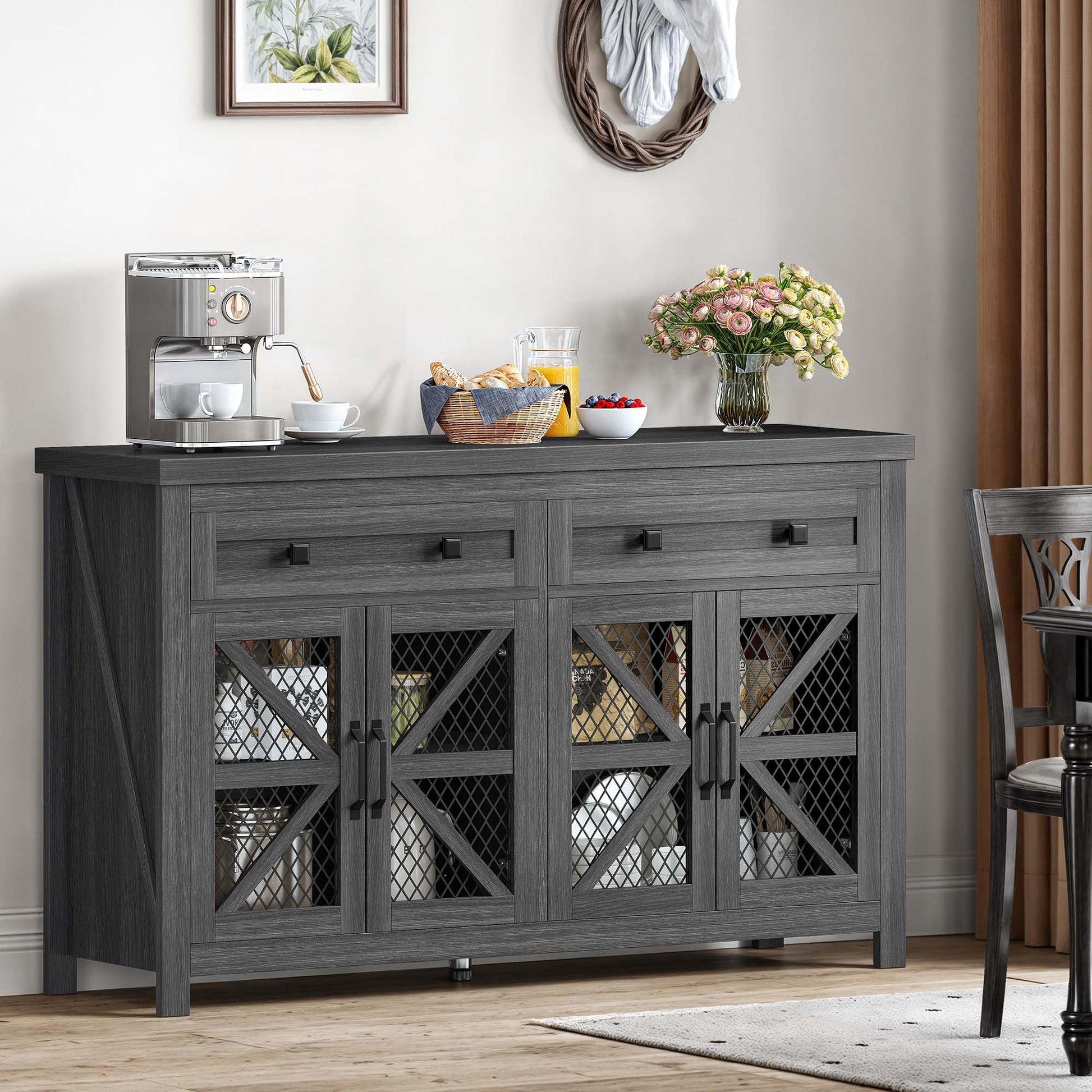 DWVO Farmhouse Buffet Cabinet with Storage, Wood Sideboard Storage Cabinet with 4 Doors & 2 Drawers, Bar Cabinet for Kitchen, Dining Room, Hallway, Dark Grey - WoodArtSupply