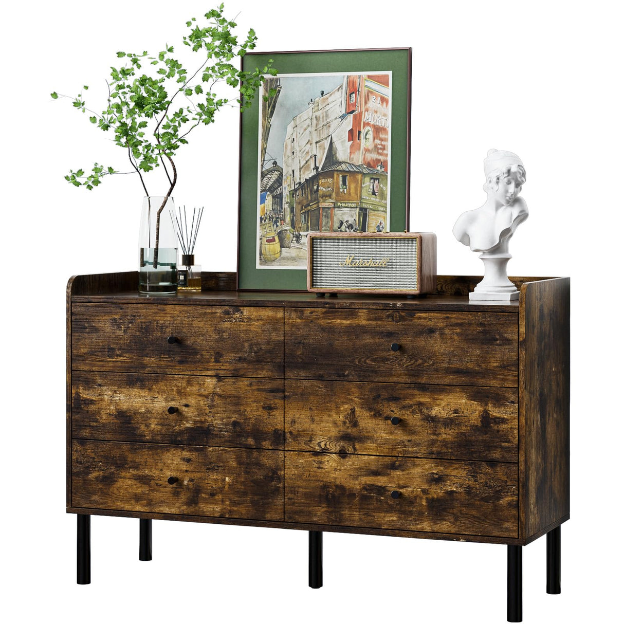 LYNSOM Dresser for Bedroom, 6 Drawer Rustic Brown Dresser with Wide Drawer and Metal Handles, Modern Dressers & Chests of Drawers for Hallway Entryway LYNSOM