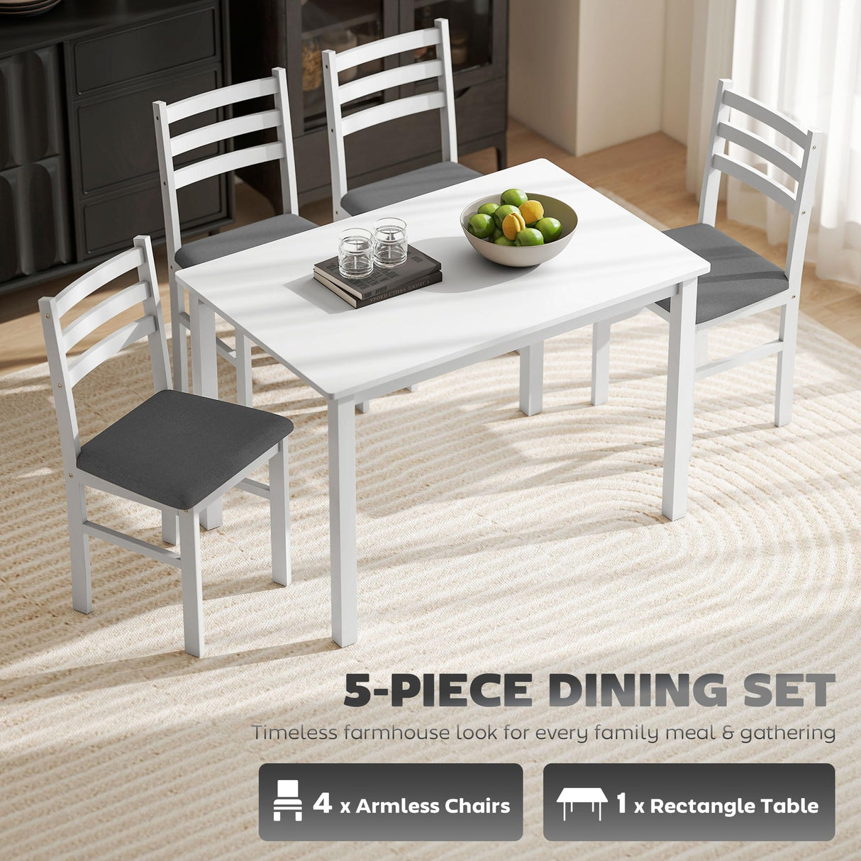 HOMCOM 5-Piece Dining Table Set for 4 with Solid Wood Frame, Farmhouse Kitchen Table Set with 4 Upholstered Padded Chairs for Small Space, Dining Room, Breakfast Nook, Pure White HOMCOM