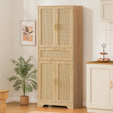 Iwell Tall Storage Cabinet with 2 Adjustable Shelves & Large Drawer, Rattan Cabinet with 4 Doors, Pantry Cabinets for Dining Room, Living Room, Home Office, Natural Iwell