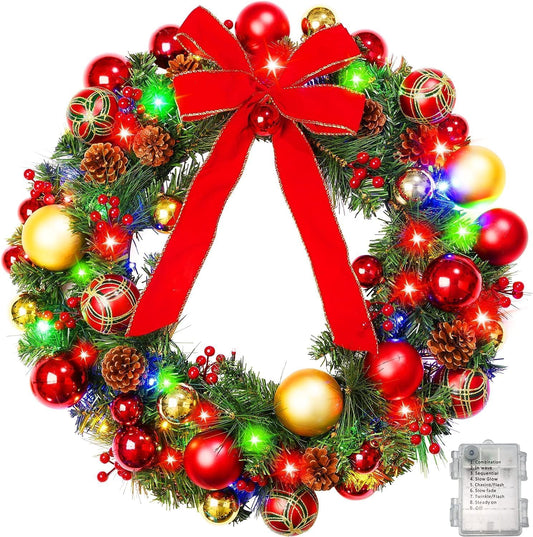 24 Inch Prelit Christmas Wreaths with 60 Lights for Front Door, Vlorart Large Lighted Christmas Wreath with Red Bow, Berries, Colored Balls, Battery Operated with Timer for Home Outdoor Decoration