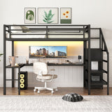 Bellemave Full Size Metal Loft Bed with L Shaped Desk and Wardrobe, Heavy Duty Loft Bed Frame with Storage Stairs, LED Loft Bed Frame with Charging Station & Safety Guardrails, Black Bellemave
