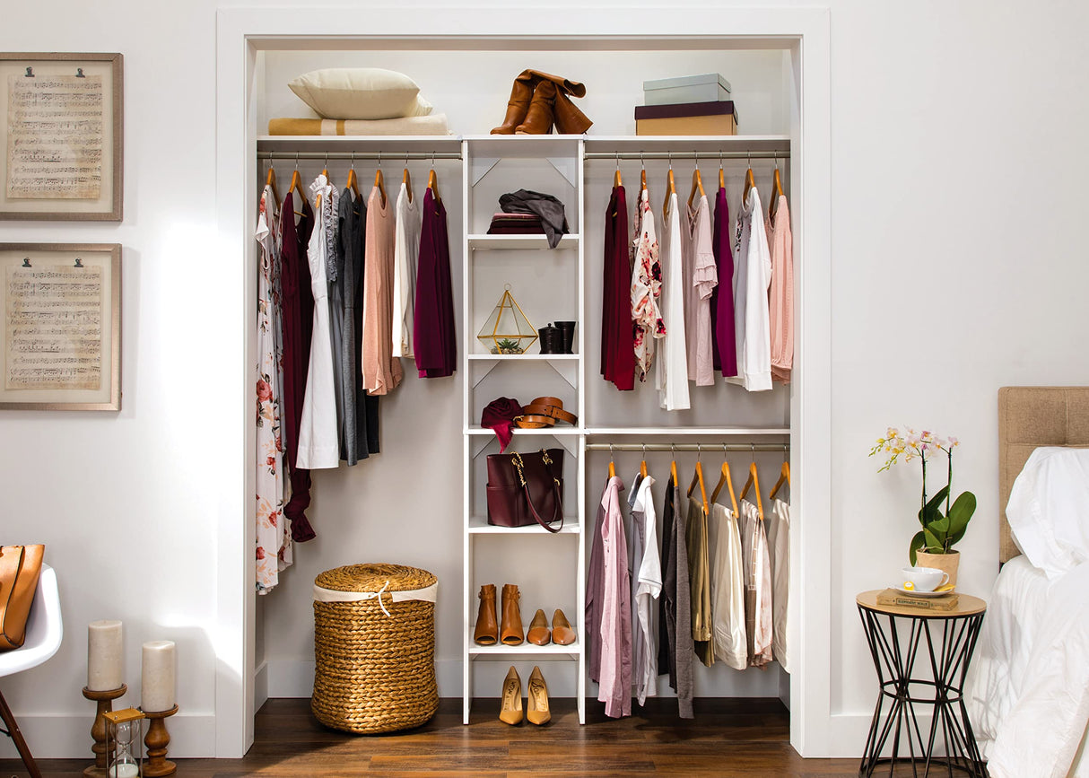 ClosetMaid SuiteSymphony Wood Closet Organizer Starter Kit with Tower and 3 Hang Rods, Shelves, Adjustable, Fits Spaces 4 – 9 ft. Wide, Engineered Wood, Pure White, 16" ClosetMaid