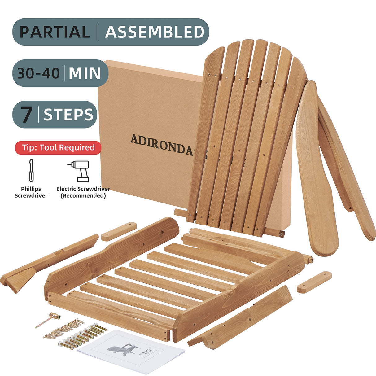 Wooden Folding Adirondack Chair Set of 2, Half Pre-Assembled Wood Lounge Chair for Outdoor Patio Garden Lawn Backyard Deck Pool Beach Firepit Light Brown Wood-Natrl