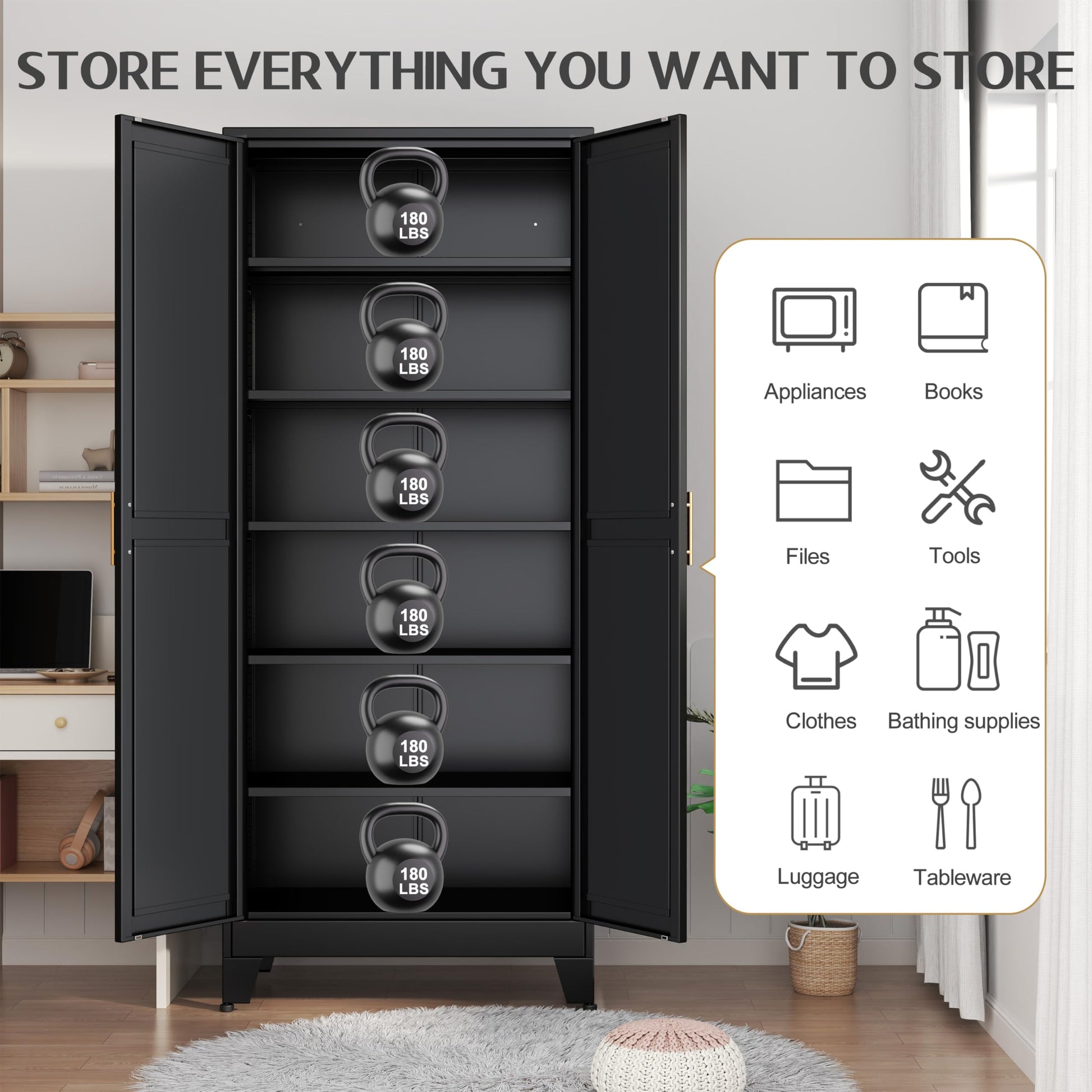 GAIOUS 75.2" Tall Storage Cabinet, Pantry Storage Cabinet with 2 Door and 5 Adjustable Shelves, Black Kitchen Food Storage Cabinet, Metal Utility Cabinet for Kitchen, Dinning Room, Laundry Ro - WoodArtSupply