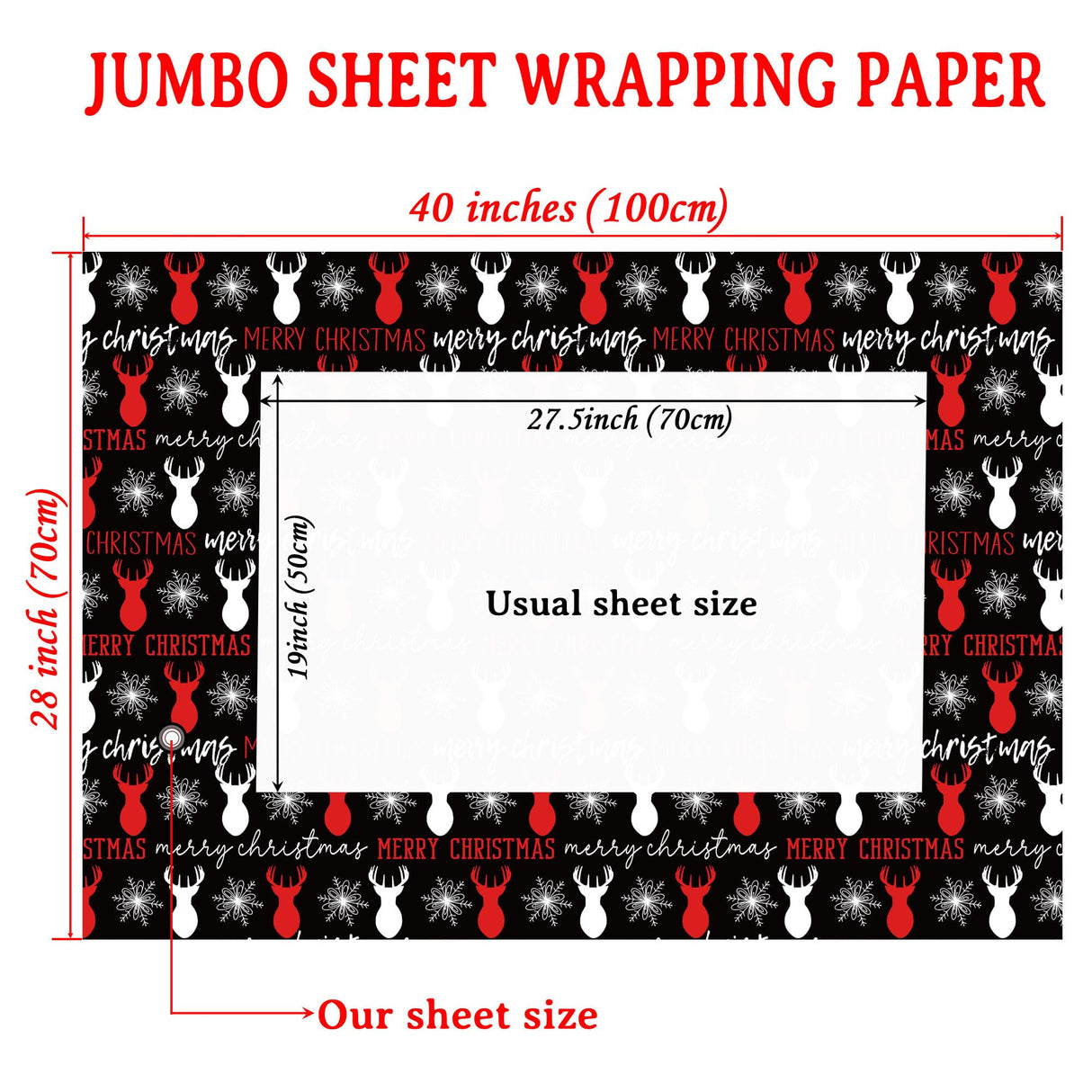 ZINTBIAL Christmas Wrapping Paper for Kids Adults - Xmas Wrapping Paper with Red/Black Plaid, Reindeer, Gnome, “Ho Ho” Words - 28 x 40 Inches, 6 Jumbo Sheets, Easy to Store ZINTBIAL