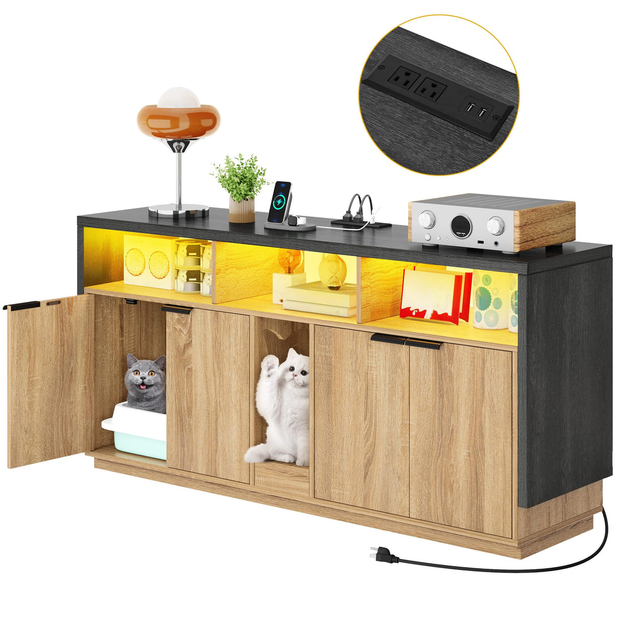 DWVO Cat Litter Box Enclosure for 2 Cats, Litter Box Furniture Hidden with Power Outlet & LED Light, Wooden Cat Cabinet TV Stand Furniture w Double Rooms for Indoor Cats, 59" L x15.7 W x27.5 H, Oak DWVO