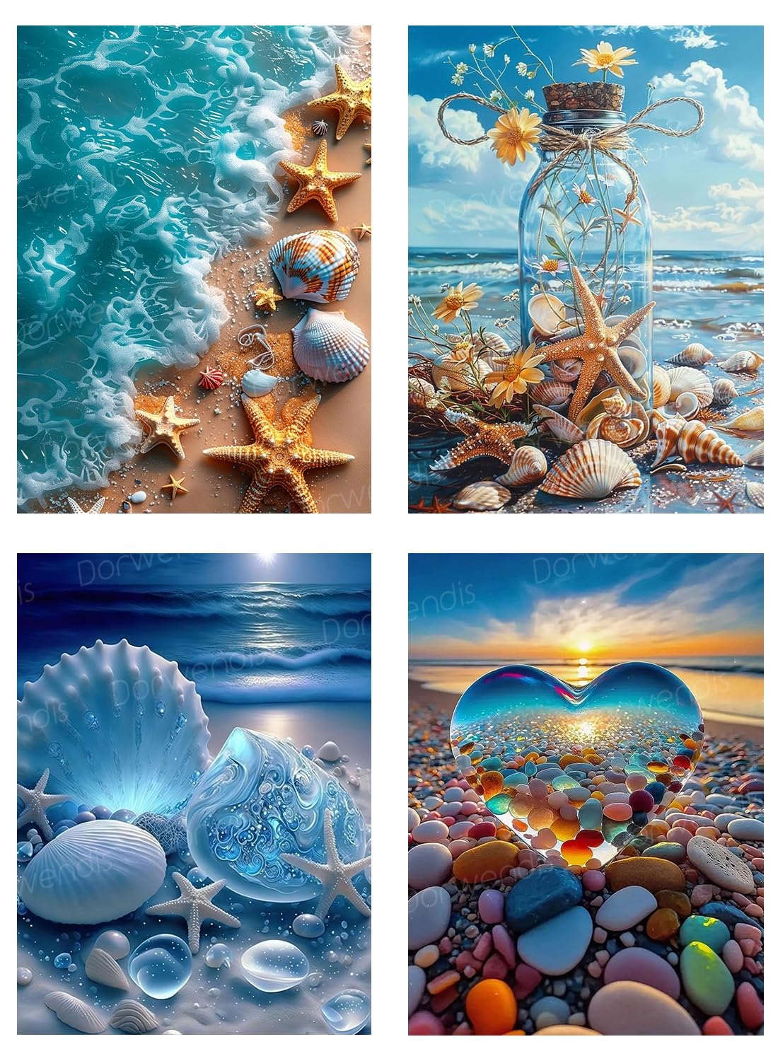 Dorwendis Beach Diamond Painting Kits for Adults,4 Pack Seashell Starfish DIY Diamond Art Kits for Beginners,5D Diamond Art,Full Round Drill Sunset Diamond Painting for Home Wall Decor Gifts12X16 inch Dorwendis