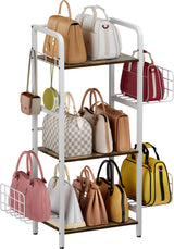 Tuohours 3-Tier Purse Organizer Rack, Iron & Wood Floor-Standing Bag Storage Holder with Adjustable Side Basket and Hook Handbag Organizers Display Stand Shelf for Closet, Bedroom, Entryway, White Tuohours