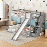 RuiSiSi Twin Over Full Bunk Bed with Stairs, Wooden Floor Bunk Bed with Slide and Bookcase for Kids Teens Adults, Noise Free, Easy Assembly, Grey RuiSiSi