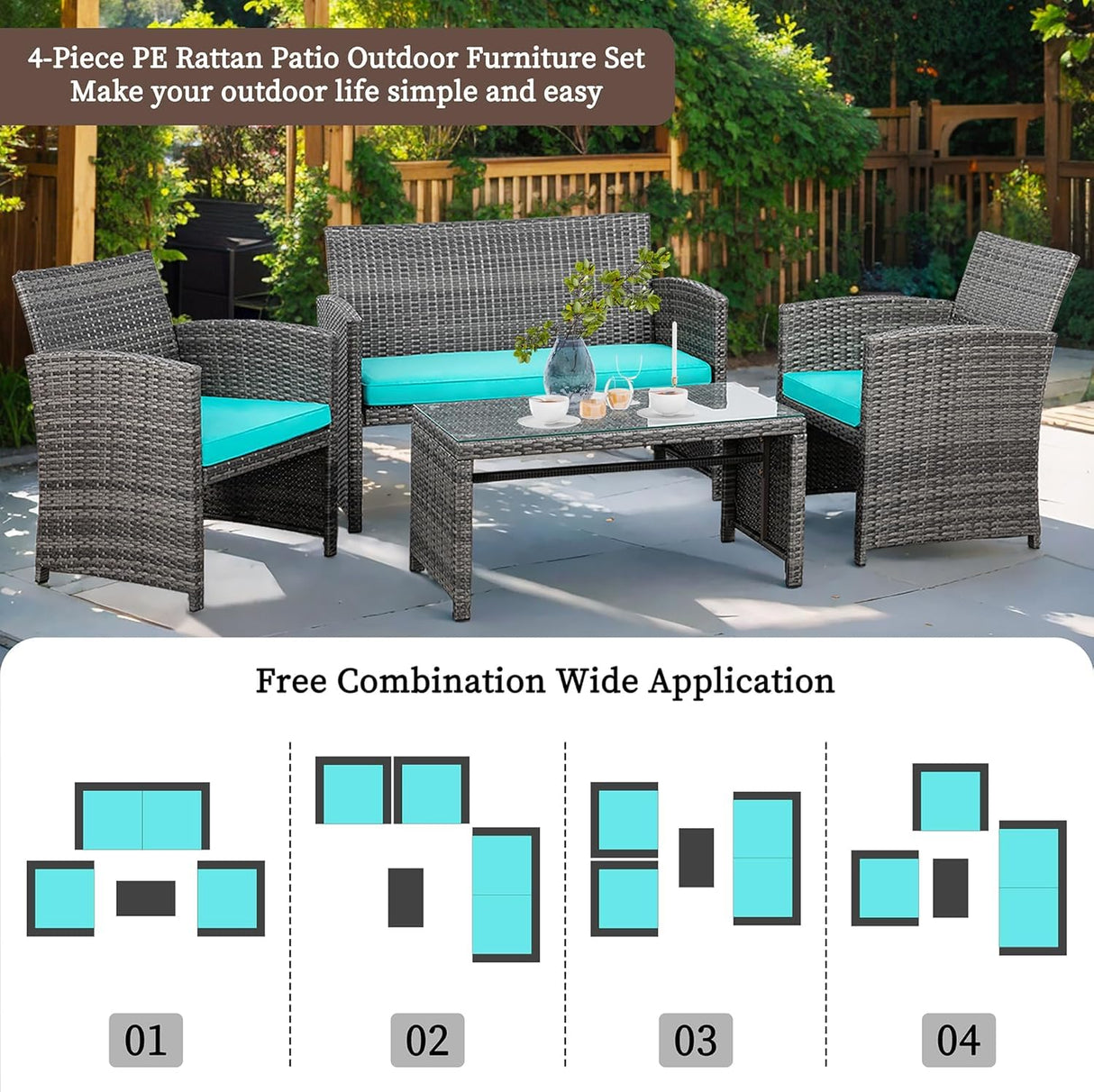 Shintenchi 4 Piece Patio Ratten Set Outdoor Furniture Set Wicker Conversation Set with Cushions and Tempered Glass Tabletop,Blue Shintenchi