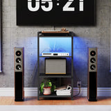 HOOBRO 4-Tier AV Media Console With Charging Station and LED Light, Wooden Stereo Cabinet, Corner TV Stand, Record Player, Entertainment Device, Black BB38UDCJ01 HOOBRO