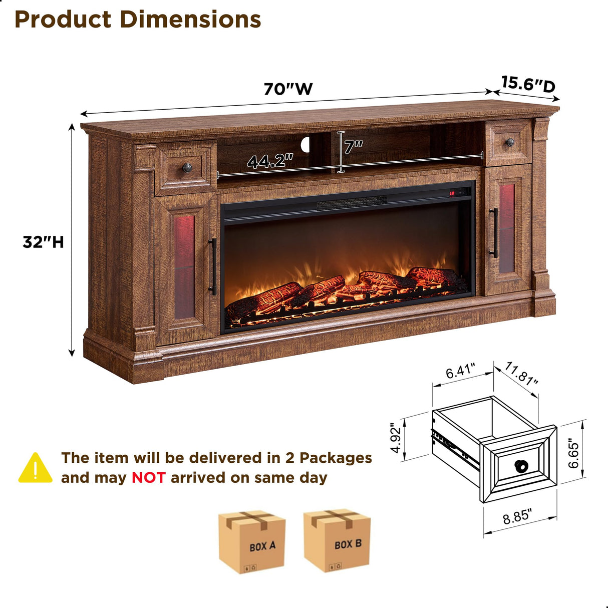 OKD Farmhouse Fireplace TV Stand for 80 Inch TV, Entertainment Center with 42" Fireplace & LED Lights, Modern Media Console Table with Storage Drawers & Cabinets, Reclaimed Barnwood Color OKD