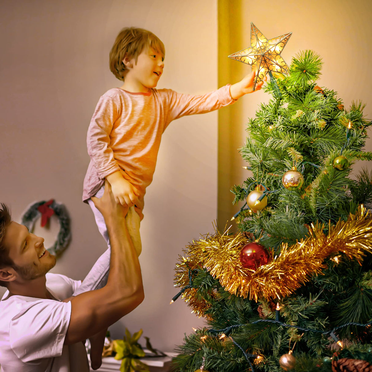 Brizled 9.5” Christmas Star Tree Topper, Gold Dual-side 3D Star Treetop, Glittered Tree Top with 10 Warm White Lights, UL Certified Lighted Xmas Treetop for Holiday Christmas Tree Decor Brizled