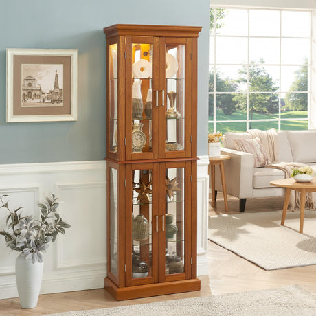70" Lighted Curio Cabinet with Tempered Glass Doors - Oak Wooden Curio Cabinet for Collectibles, China & Antiques, Adjustable Glass Shelves, Lockable, Mirror Back E26 Bulb Not Included Anveffeg