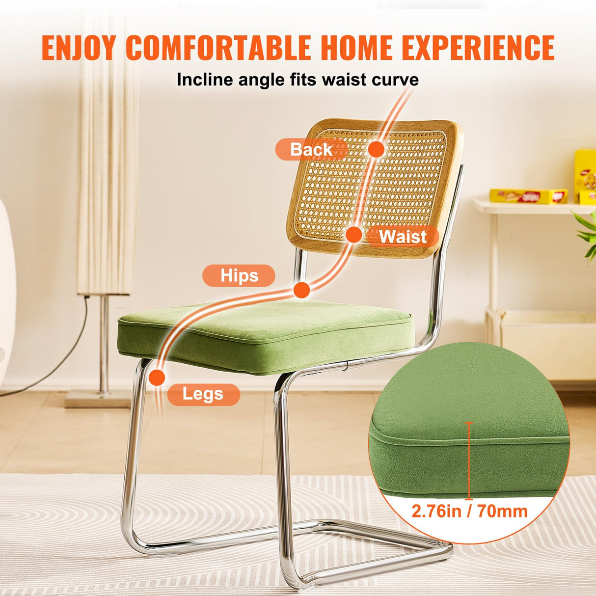 VEVOR Rattan Dining Chairs Set of 2, Mid Century Modern Dining Chair, Upholstered Velvet Accent Chair with Rattan Back, Retro Dining Room Kitchen Chair for Living Room, Bedroom (18.1 Inch) VEVOR