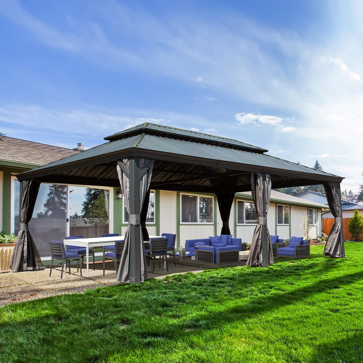 Domi 14'x24' Hardtop Gazebo Canopy,Outdoor Aluminum Gazebo with Galvanized Steel Double Roof, Extra Large Permanent Gazebo Pavilion for Patio Deck Backyard,Curtain and Netting,Grey domi outdoor living