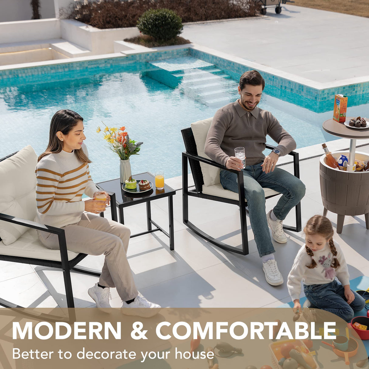 Devoko 3 Piece Rocking Bistro Set Wicker Patio Outdoor Furniture Porch Chairs Conversation Sets with Glass Coffee Table (Beige) Devoko