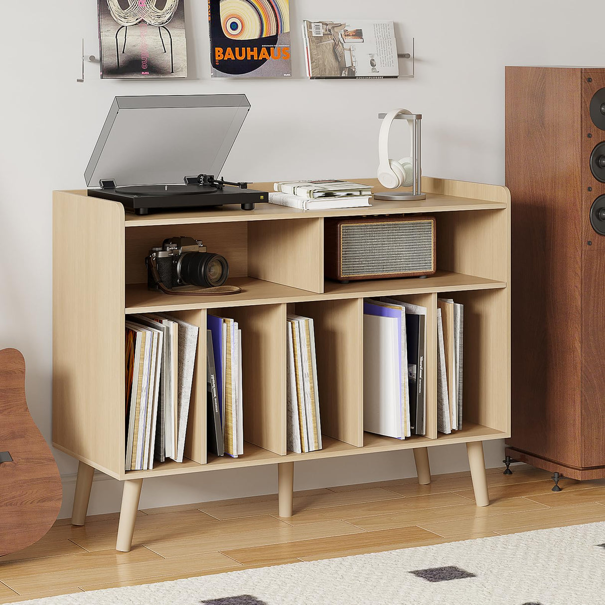 ChooChoo Record Player Stand, Turntable Stand with Vinyl Storage, Record Player Cabinet Up to 350 Albums, Cube Storage Organizer for Living Room, Natural ChooChoo