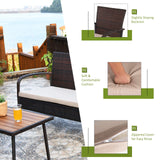 Tangkula 4 PCS Patio Rattan Furniture Set, Outdoor Conversation Set w/Cushions & Acacia Wood Coffee Tabletop, Sectional Sofa Set for Garden, Backyard, Poolside (1, Brown) Tangkula