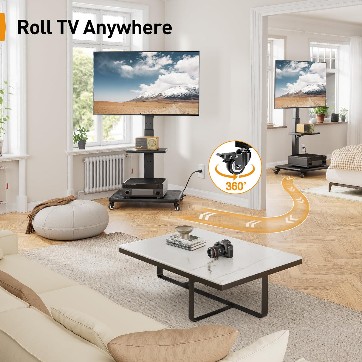 Perlegear Mobile TV Stand with Power Outlet, Tilt & Swivel Rolling TV Cart for 32 to 65 70 75 inch TVs up to 110 lbs, Height Adjustable Rolling TV Stand with Wheels, Max VESA 600x400mm, PGTVMC17 Perlegear