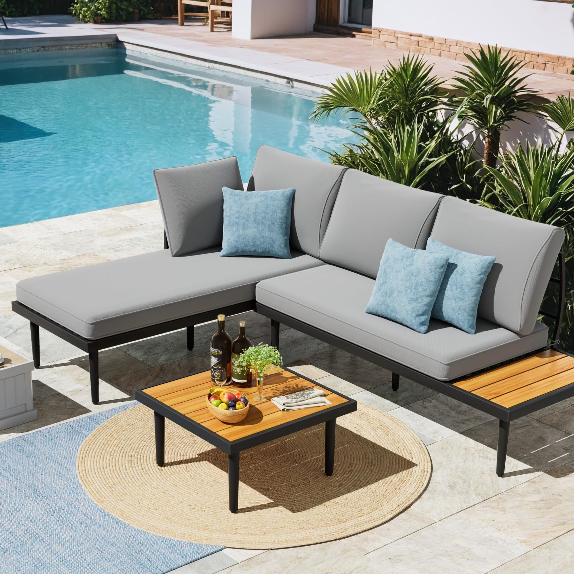 Devoko Outdoor Sectional Furniture Patio Sectional Sofa with Acacia Wood Table, Patio L-Shaped Conversation Set with All-Weather Cushion for Patio,Garden,Backyard(Gray) - WoodArtSupply