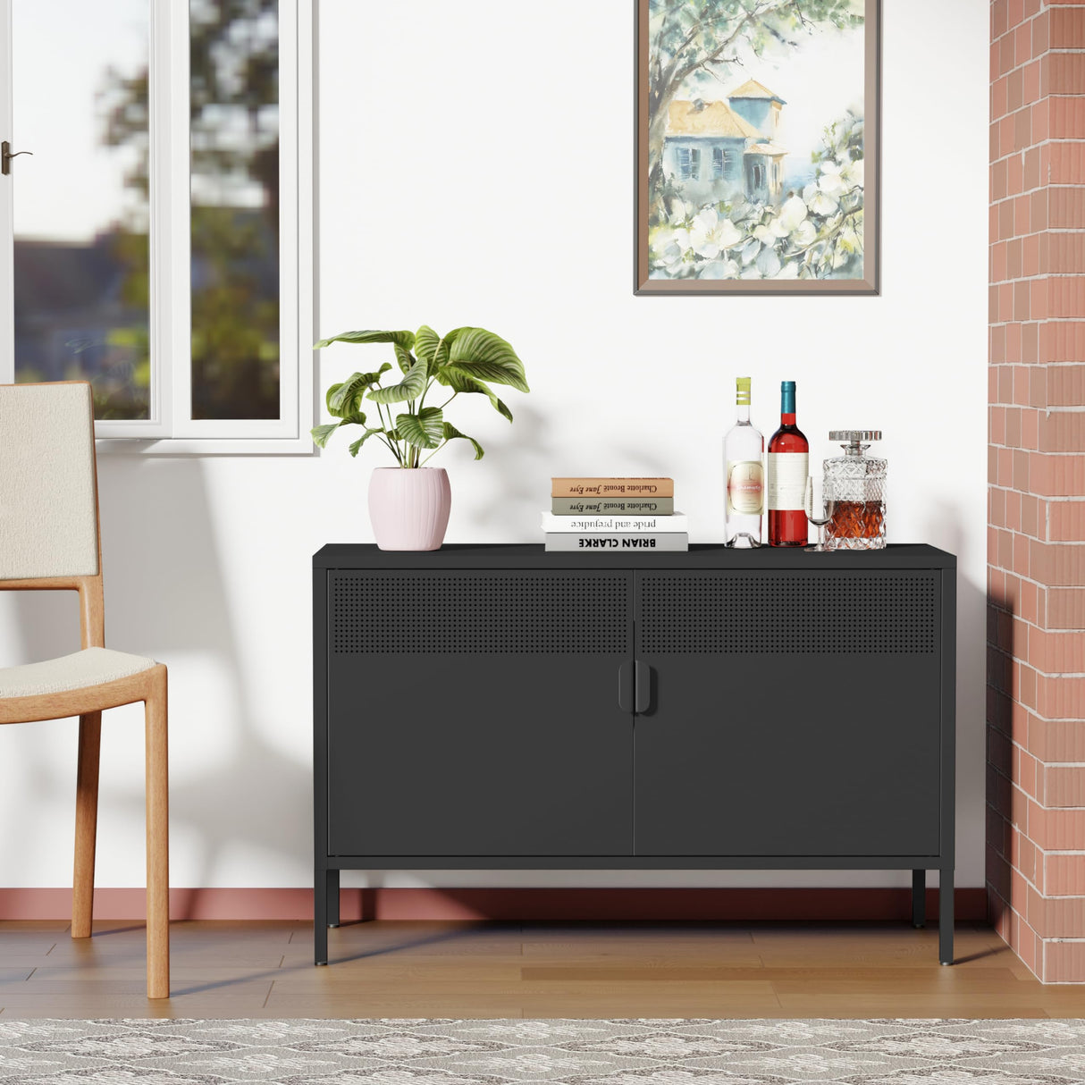 Ustamio Black Wide Metal Locker Storage Cabinet, 2 Door Metal Accent Cabinet for Home and Office, 2 Tier Low Metal Cabinet with Doors and Shelf, Multipurpose Metal Tv Stand Cabinet Ustamio