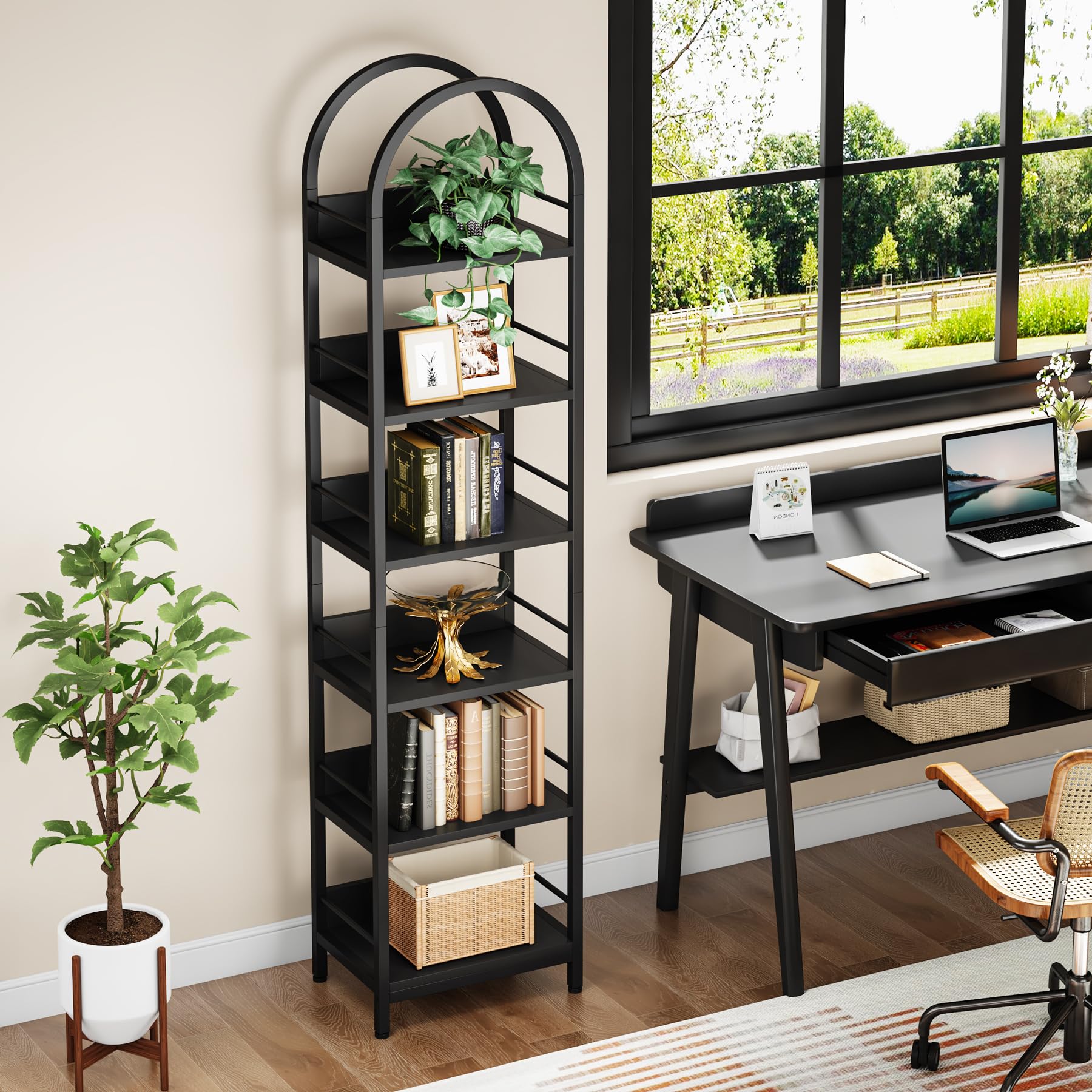 Tribesigns 78.7" Arched Industrial Wood 6-Tier Bookshelf with Metal Frame - Black Storage Organizer - WoodArtSupply